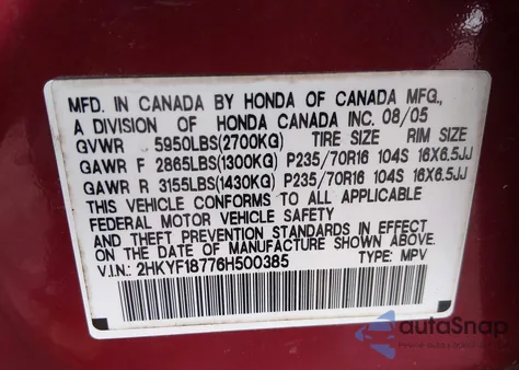 2006 Honda Pilot Ex-L z USA, uszkodzony, nr VIN 2HKYF18776H500385